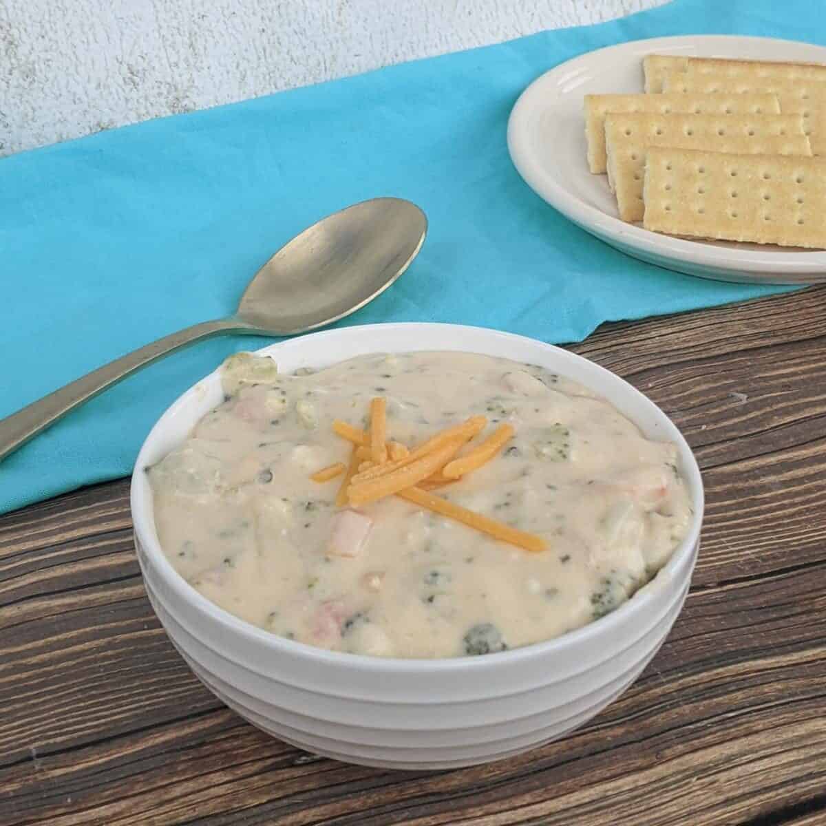 broccoli cheese soup in a white bowl